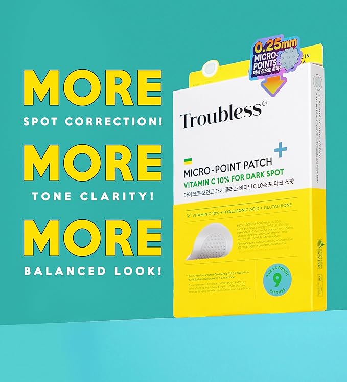 Troubless Micro Patch Plus Vitamin C - Zit Hydrocolloid Patch for Stubborn Marks with 10% Vitamin C - Micro-Dissolving Pyramids for High-Absorption, Seamless Adhesion & Easy-Wear (9 EA)