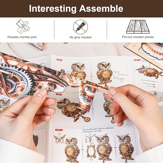 3D Puzzles for Adults Owl Clock Kit with Pendulum, Mechanical 3D Wooden Puzzle Kit for Adults, DIY Wooden Clock Model Building Kits Set, Unique Christmas Home Decor Gift for Women Men