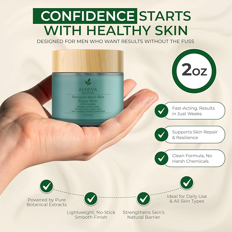 Men's Skin Repair Balm β Face & Body For All Skin Types β Soothes Acne, Sunburn, After Shave & Redness β With Sunscreen β Ember Citrus Scent, 2oz