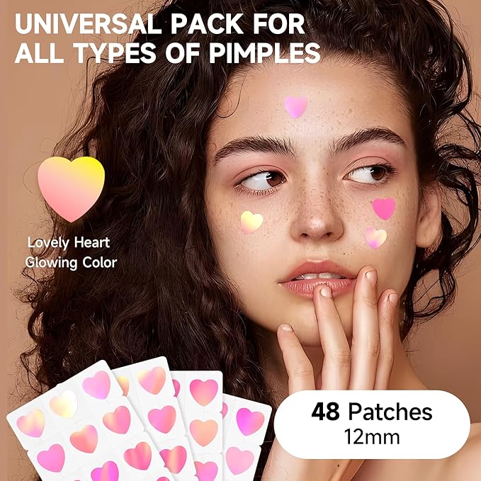 Cute Pink Heart Acne Patch with Salicylic Acid, Hydrocolloid Pimple Stickers Iridescent Colors 48 Pcs, Fashion Zits Blemishes Breakouts Patches