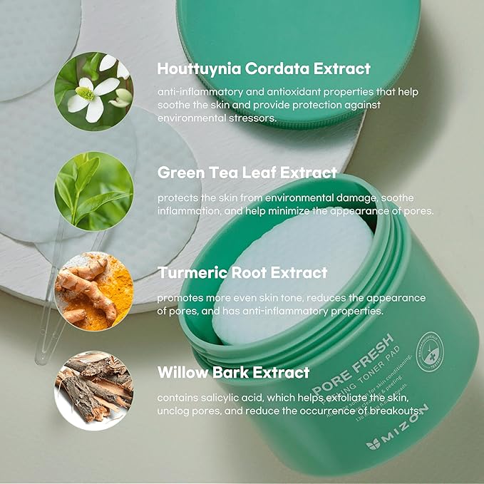 MIZON Pore Fresh Peeling Toner Pads AHA BHA PHA with Tea Tree & Turmeric Extracts, Gentle Exfoliation & Deep Cleansing, Korean Peeling Pads Cotton Soothing Exfoliating Pore Tightening (60 PCS)