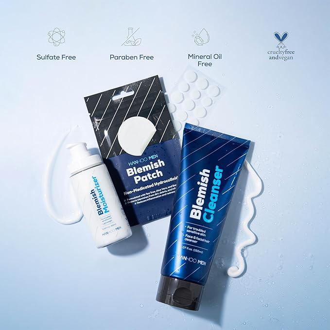 Hanhoo Men's Facial Care Kit, Blemish Cleanser 5.07 Fl. Oz., Blemish Moisturizer 2.02 Fl. Oz., Blemish Patch 36 Ct, with Bamboo, Hyaluronic Acid, and Green Tea, Men's Acne Skin Care Kit, Acne Regimen