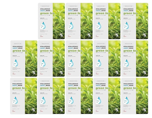 Hyaluronic Aqua Plus Essence Full Face Facial Sheet Mask 14 Sheets - 2 WEEKS SET (GREEN TEA - 14 pack)