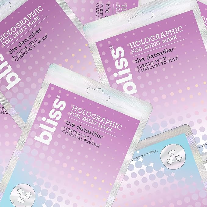 Bliss Skincare Sheet Masks - Vitamin C, Sensitive Skin, Detoxifying, Hyaluronic Acid, Collagen - Biodegradable - 5pk (Detoxifier Holographic Masks)