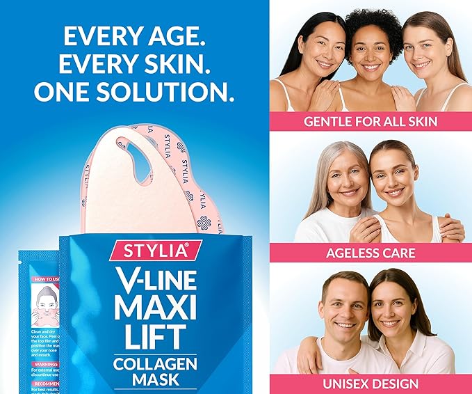 Stylia MaxiLift V-Line Lifting Collagen Face Mask – Enhanced Double Chin Reducer – Jawline Shaper Face Lifting Masks – Firming Neck Lift Collagen Mask – Chin Strap for Sleeping – Hyaluronic Aloe 10PC