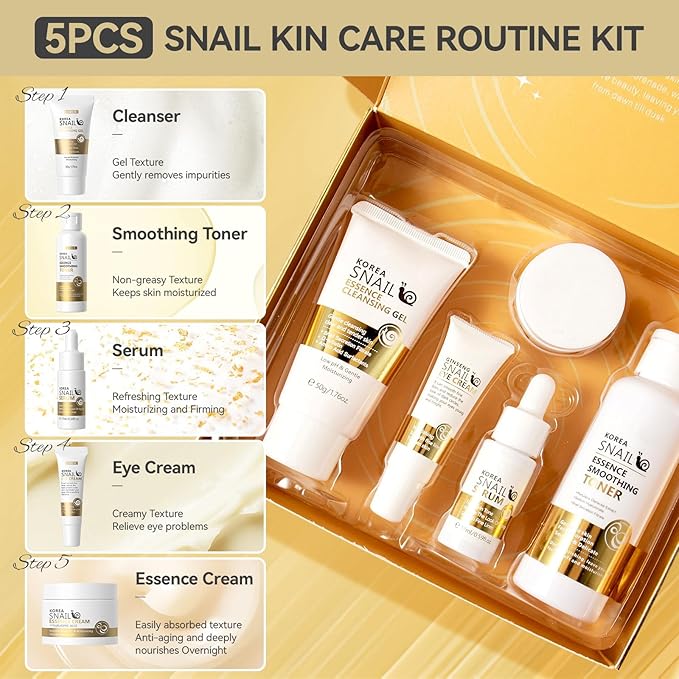 Skin Care Set, Face Snail Revitalizing Skin Care Sets & Kits, Facial Beauty Skincare Gifts for Teenage Girls with Cleanser,Toner,Serum,Eye Cream,Face Cream, Firming Hydrating Skin Care Christmas Gifts