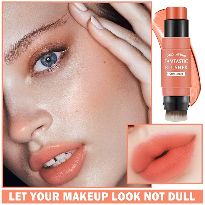 Cream Blush Stick with Brush,Waterproof Blush Makeup,Long Lasting Coral Orange
