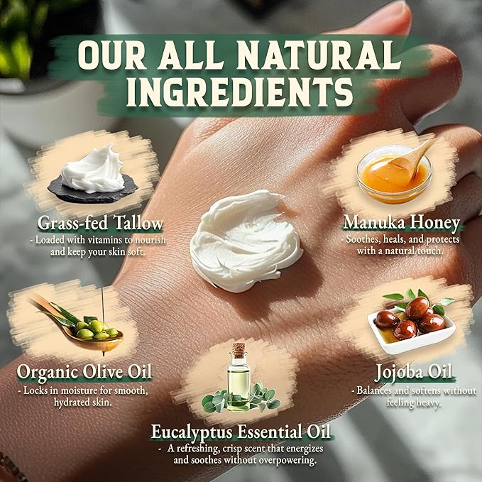 Wrath & Remedy Handmade Whipped Organic Beef Tallow for Skin - 4 OZ (Eucalyptus) — Grass Fed Beef Tallow Moisturizer and Honey Balm for Silky, Sensitive-Skin, Eczema, Rosacea - Free of Harsh Chemicals