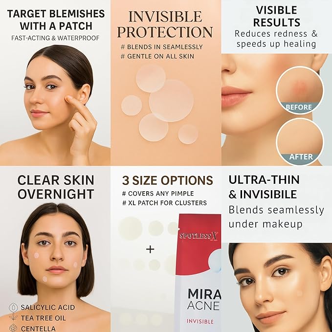 Acne Patch –Invisible Pimple Patches for Face & Body, Miracle Patch with Fast-Acting Hydrocolloid, Salicylic Acid & Tea Tree Oil – Waterproof & Hypoallergenic, 3 Sizes