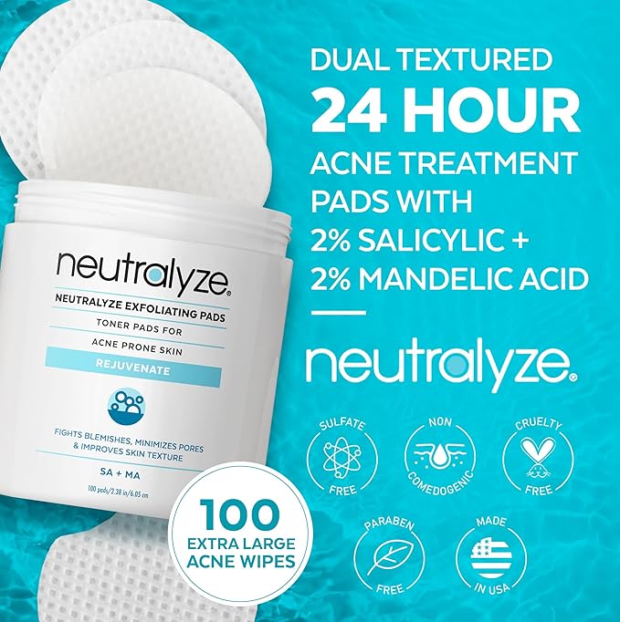 Exfoliating Acne Treatment Pads (100 Count) - Dual Textured Face Wipes with 2% Salicylic Acid & 2% Mandelic Acid - Toner Pads for Acne Prone Skin, Face & Body Wipes for Teens & Adults