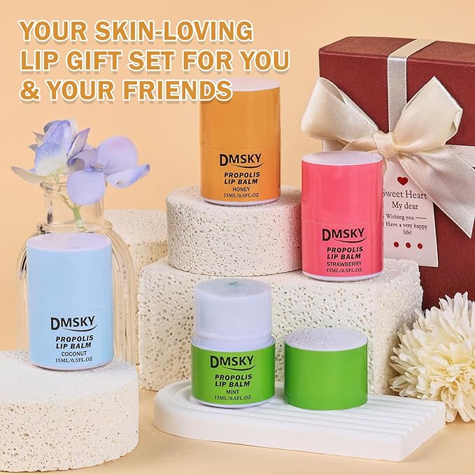 DMSKY 4 Pack Lip Sleeping Mask Set, Lip Butter with Propolis and Vitamin E, Lip Balm for Dry Lips, Reduce Lip Lines and Improve Lip Color