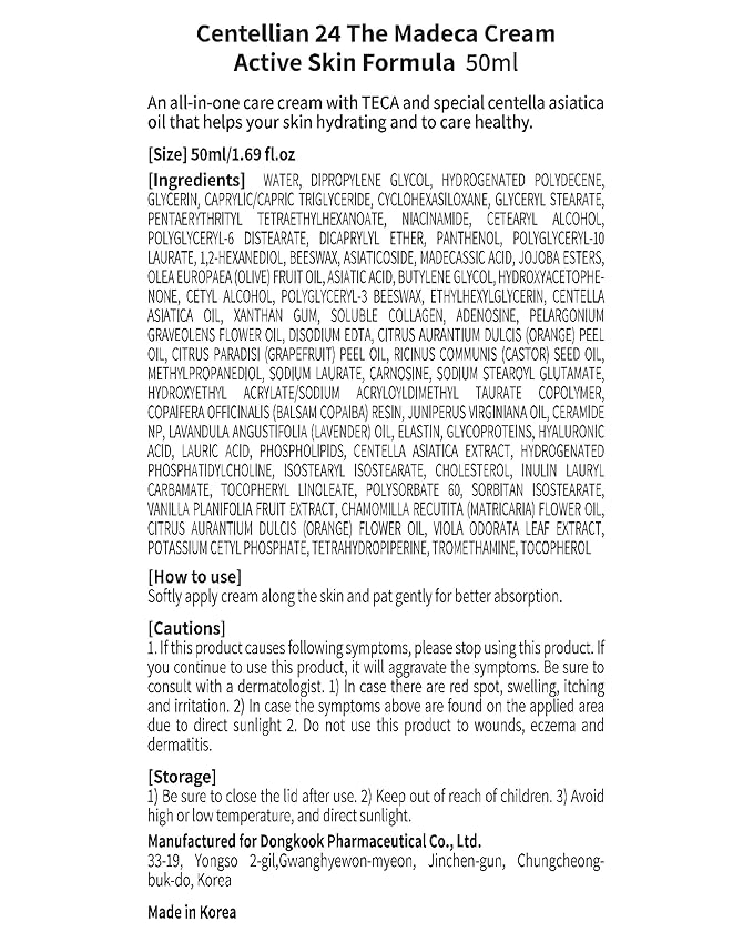 CENTELLIAN 24 Madeca Cream Active Formula (1.7fl oz) - Centella Moisturizer for Face, Korean Skin Care. Dry, Sensitive Skin. TECA, Centella Asiatica, Madecassoside
