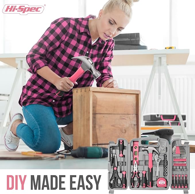 Hi-Spec 54pc Pink Home DIY Repair Tool Kit Set. Women Ladies Beginner Complete Hand Tools in a Portable Toolbox Case for the Household and Office