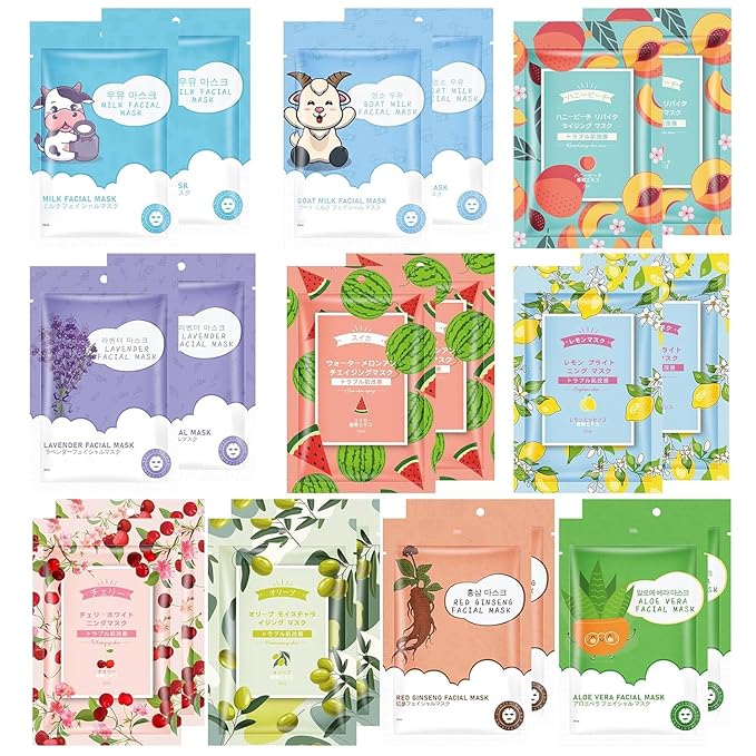 20 Pack Sheets Face Masks Skincare for All Skin Types, Hydrating Facial Masks, Watermelon, Aloe Vera, Peach, Oil Contral, Bulk Facial Mask for Women, Moisture Face sheet Masks for Spa