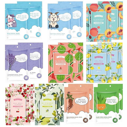 20 Pack Sheets Face Masks Skincare for All Skin Types, Hydrating Facial Masks, Watermelon, Aloe Vera, Peach, Oil Contral, Bulk Facial Mask for Women, Moisture Face sheet Masks for Spa