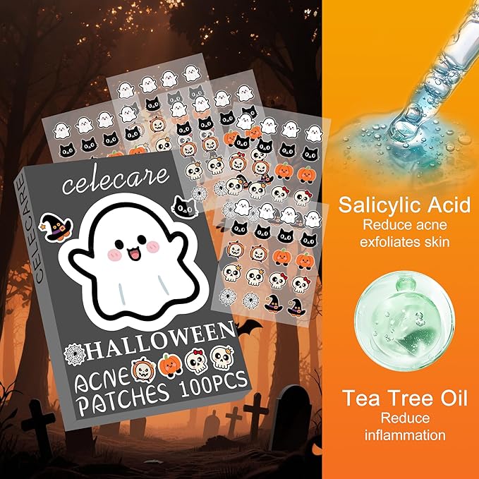 Pimple Patches,Halloween Acne Patch,Pimple Patches for Face, Cute Stickers,Salicylic Acid & Tea Tree, 100PCS Hydrocolloid Dots in 8 Colors for Face,Cute Halloween Stickers