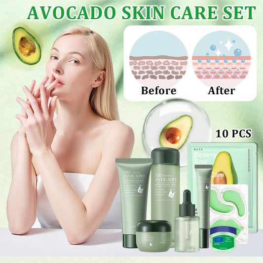 10 Pcs Avocado Skin Care Set with Facial Cleanser,Toner,Face Serum,Face Cream,Eye Cream,Moisturizing Lip Balm,Under Eye Patch and Lip Mask,Hydrating Face Sheet Masks Skin Care Kit for Women and Men