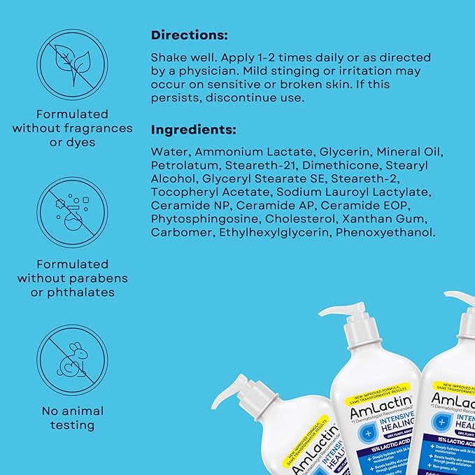 AmLactin Intensive Healing Body Lotion for Dry Skin, 14.1 oz Pump Bottle, 2-in-1 Exfoliator & Moisturizer with Ceramides & 15% Lactic Acid for Relief from Dry Skin (Packaging May Vary)