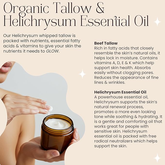 Helichrysum Gymnocephalum Whipped Beef Tallow Balm Cream for Face & Body Age Defying Hydrating, Skin Healing, Full Body Hydration, Multipurpose Balm 2 Oz