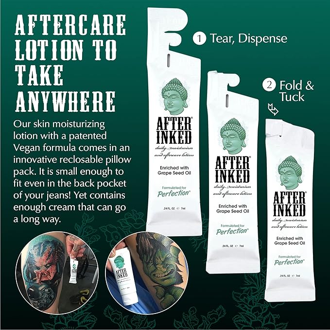 After Inked Tattoo Aftercare Lotion – Moisturizing Balm, As Seen on INK MASTER, Hydrating Cream with Grape Seed Oil, Skin Nourishment & Daily Maintenance, Reclosable Pillow Pack (100-Pack), 7ml