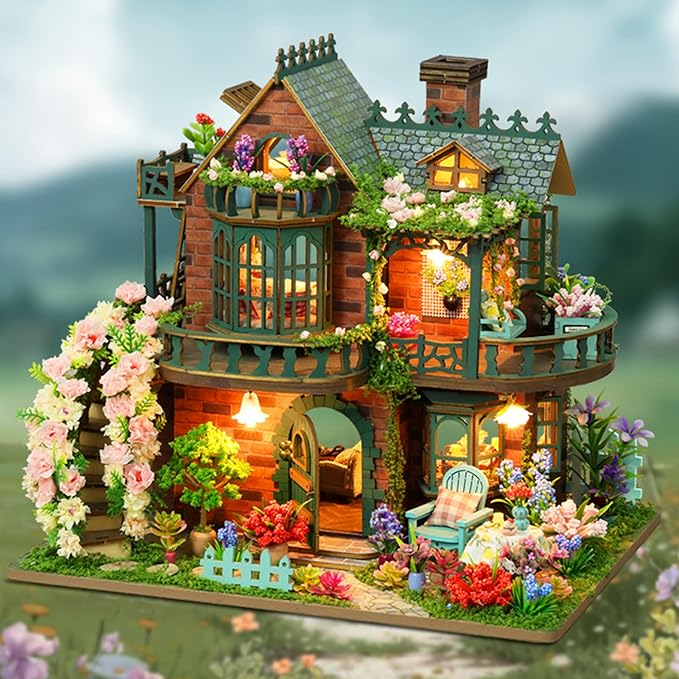 ISSEVE DIY Miniature House Kit, Tiny House Dollhouse Kit for Adults, Mini House Building Kits, Halloween Christmas Home Bookshelf Decoration, Gifts for Family and Friends (Fairy Garden House)