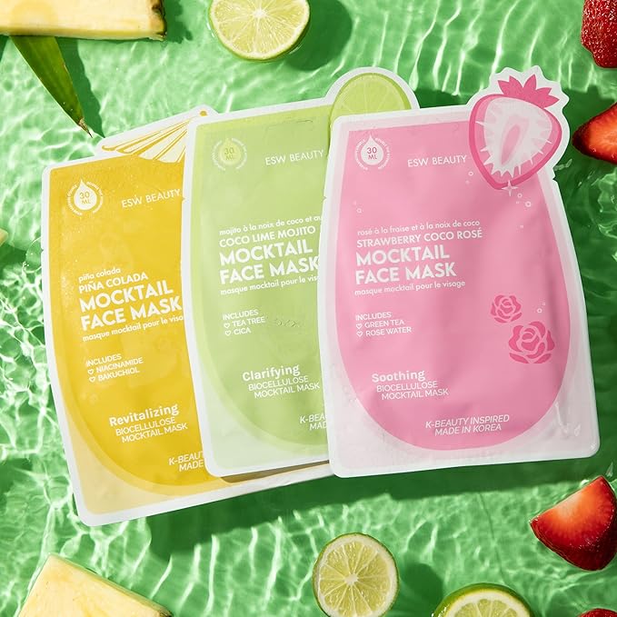 ESW Beauty Mocktail Face Mask Set - 3-Pack Vegan Face Masks for Hydrating, Revitalizing & Calming Skin - Includes Coco Lime Mojito, Strawberry Coco Rosé & Piña Colada Biocellulose Masks