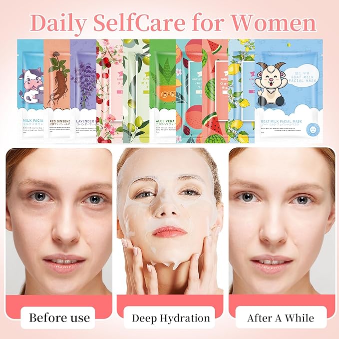 20 Pack Sheets Face Masks Skincare for All Skin Types, Hydrating Facial Masks, Watermelon, Aloe Vera, Peach, Oil Contral, Bulk Facial Mask for Women, Moisture Face sheet Masks for Spa