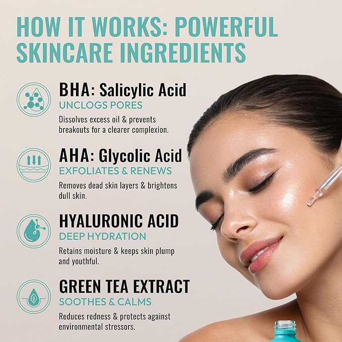2% BHA AHA Liquid Salicylic Acid Exfoliant - Gentle Peel, Pore Minimizer, Face Exfoliator for blackheads, wrinkles with Hyaluronic acid - Fragrance-Free Hydrating for All Skin Types, 2oz