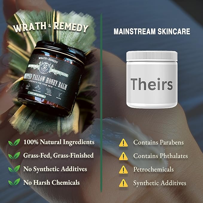 Wrath & Remedy Handmade Whipped Organic Beef Tallow for Skin - 4 OZ (Eucalyptus) — Grass Fed Beef Tallow Moisturizer and Honey Balm for Silky, Sensitive-Skin, Eczema, Rosacea - Free of Harsh Chemicals