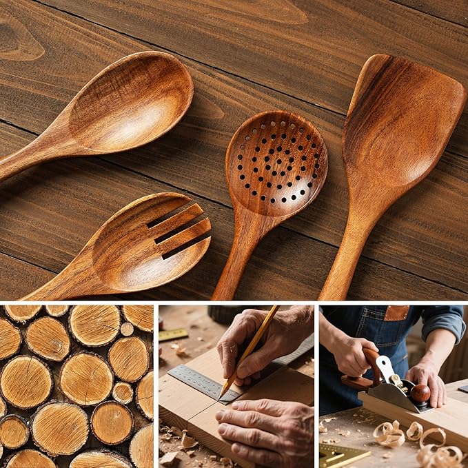 10-Piece Teakwood Utensil Set for Cooking, Natural Wooden Spoons & Spatulas for Non-Stick Cookware, Kitchen Gift Set for Wedding, Housewarming, Christmas