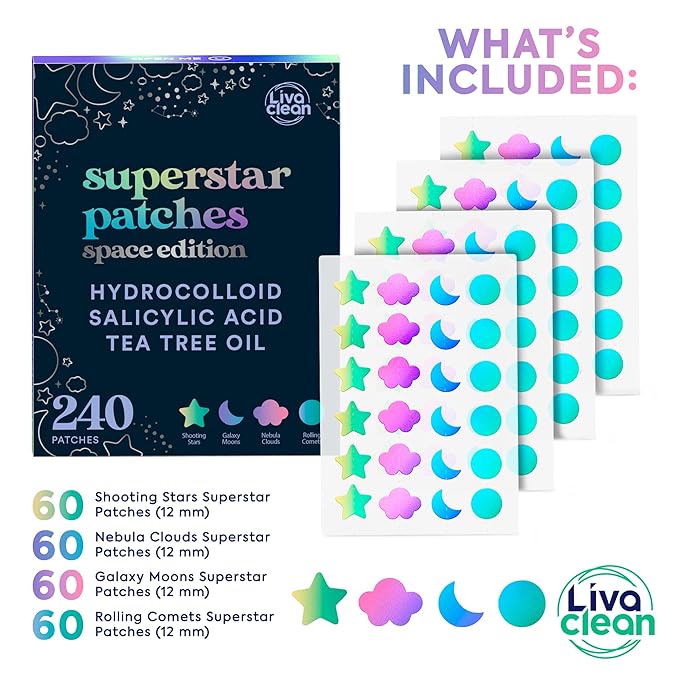 LivaClean 240 CT Holographic Cute Acne Patches - Space Edition w/Salicylic Acid & Tea Tree Oil for Face - Hydrocolloid Star Pimple Patches