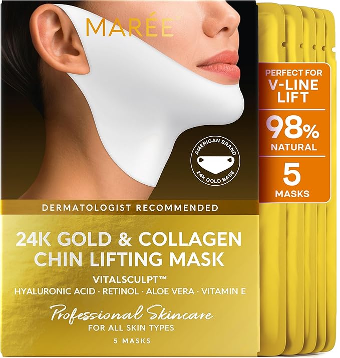 MAREE V Line Lifting Mask with 24K Gold – Deep Collagen Face Mask for Women – Jawline Shaper with Retinol & Hyaluronic Acid – Double Chin & Neck Tightening Mask for Face Lift – 5 PACK