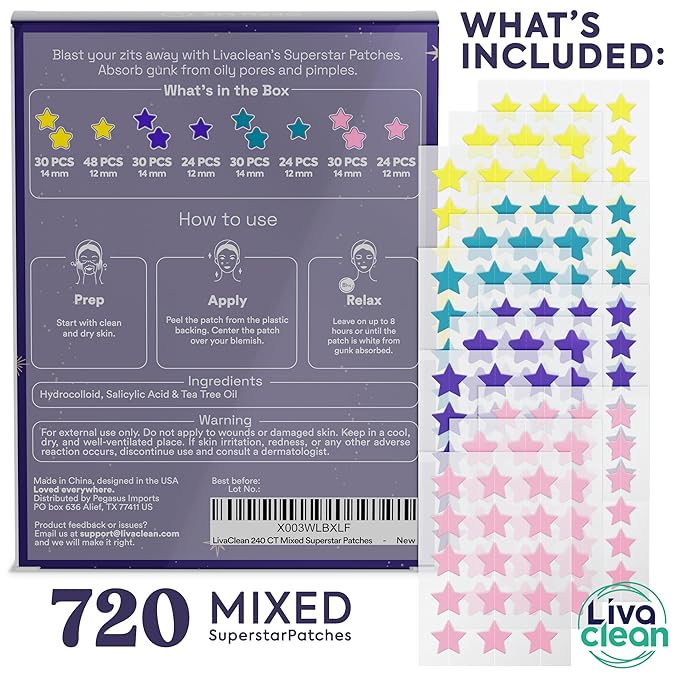LivaClean 720 CT (3 Pack of 240) Superstar Pimple Patch for Face - Salicylic Acid & Tea Tree, Hydrocolloid Acne Patch, Pimple Patches Star Cute Zit Patches - 3 Sizes