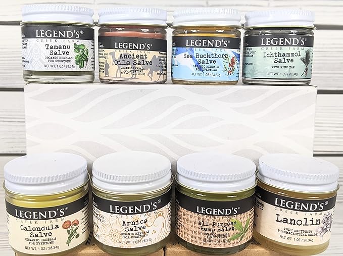 Legend's Creek Farm Herbal Salve Bundle 8 Pack - Pack of 1 oz. Healing Ointment with Ichthammol, Calendula, All-Purpose Hemp, Sea Buckthorn, Tamanu & Hemp, Arnica, Ancient Oil, Lanolin (8 Jars)