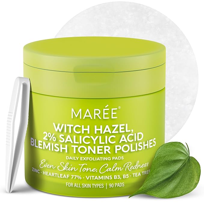MAREE Blemish Toner Polishes - Daily Facial Radiance Toner Polish - Witch Hazel Pads Acne Face Toning - Acne Skin Care with BHA Salicylic Acid - Blemish Clearing Witch Hazel Wipes