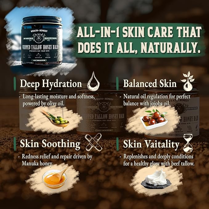 Wrath & Remedy Handmade Whipped Organic Beef Tallow for Skin - 4 OZ (Eucalyptus) — Grass Fed Beef Tallow Moisturizer and Honey Balm for Silky, Sensitive-Skin, Eczema, Rosacea - Free of Harsh Chemicals