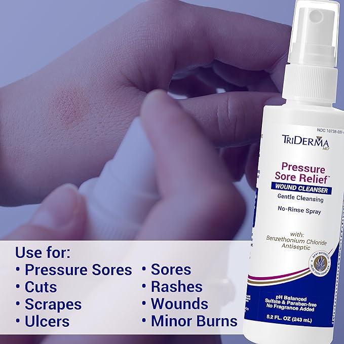 TriDerma Pressure Sore Relief Wound Cleanser, Gentle Cleansing for Bed Sores, Ulcers, Pressure Sores, Wounds and Hard-to-Heal Skin Sores with AP4 Aloe Vera and Niacinamide, Fragrance Free 8.2 oz Spray