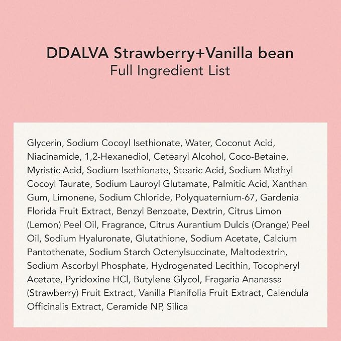 WHIPPED Cream Facial Cleanser Ddalva - Strawberry & Vanilla bean Face Wash - For Dry Dull Skin, Radiant Glow - Moisturizing Cleanser, Niacinamide, Hyaluronic Acid, Vegan Korean Skincare, 4.5 oz