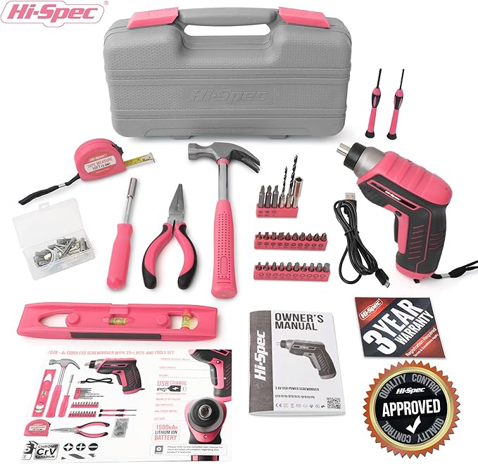 Hi-Spec 35pc Pink Tool Kit with 3.6V USB Electric Screwdriver and Drill Set. Complete Women Tool Set
