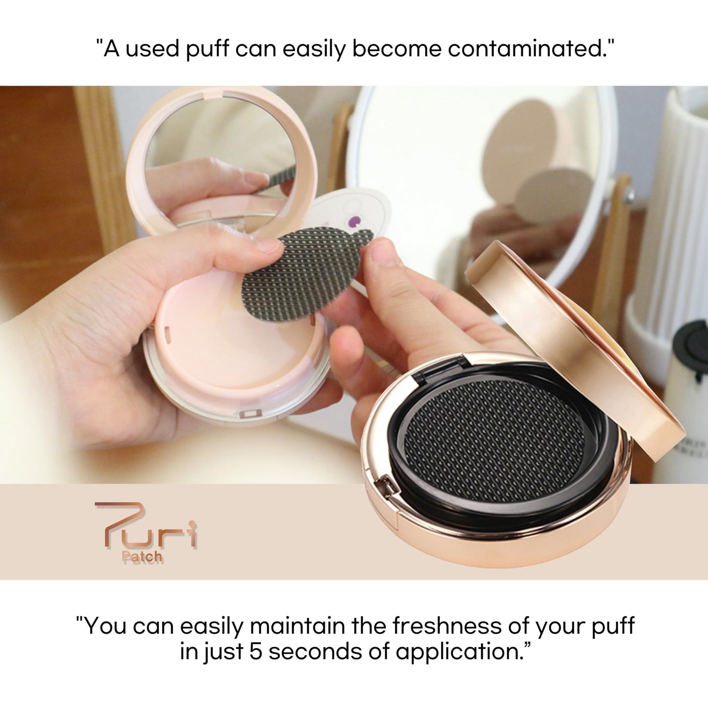 Puri Patch Cushion Puff Protector – 5 Individually Wrapped Copper Stickers for Makeup Puff Hygiene, Reduce Breakouts from Dirty Puffs, K-Beauty Compact Accessory, Daily Skincare Routine Essential