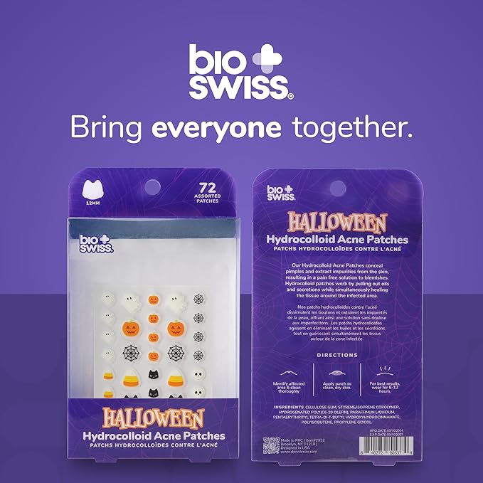 BioSwiss Pimple Patches, Halloween Acne Patch for Zits and Blemishes, Hydrocolloid Spot Stickers for Face and Skin, 72 Count