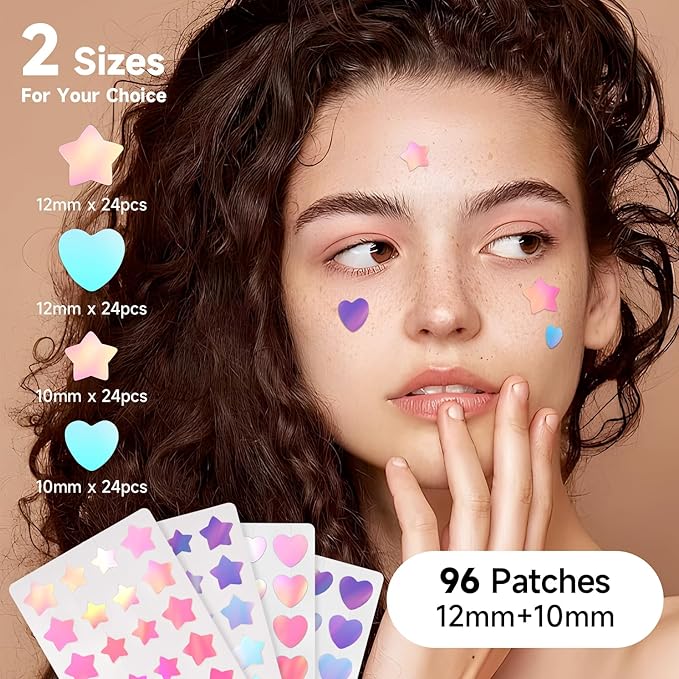 Star Acne Patch with Salicylic Acid Tea Tree Oil & Centella Asiatica, Hydrocolloid Pimple Stickers Iridescent Colors 96 Pcs 2 Sizes, Cute Star Heart Shaped Zits Blemishes Breakouts Patches