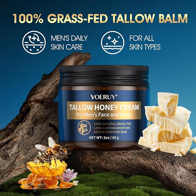 Tallow Balm for Skin, Men's Face Moisturizer Cream with Raw Honey for Reduce Wrinkles, Natural Grass-Fed Tallow Moisturizer for Face and Body, Organic Tallow for All Skin Types, 2oz/60g