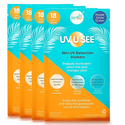 UV Stickers for Sunscreen Reapplication to Avoid Burns - Sunscreen Reminder Stickers You Can Wear All Day - Sweat & Waterproof UV Activated Sunscreen Stickers - UV Sticker Aquatic Sun (Pack of 4)