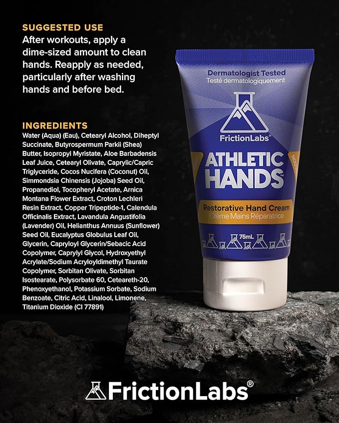 Friction Labs Athletic Hands - Daily Restorative Hand Cream for Active & Dry Skin - Derm Tested Non-Greasy Shea Butter Improves Elasticity & Resilience - Hand Salve for Athletes - Eucalyptus Scent