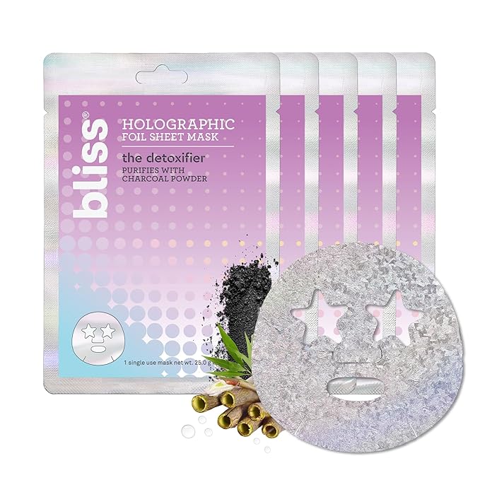 Bliss Skincare Sheet Masks - Vitamin C, Sensitive Skin, Detoxifying, Hyaluronic Acid, Collagen - Biodegradable - 5pk (Detoxifier Holographic Masks)