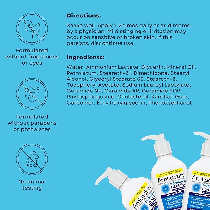 AmLactin Intensive Healing Body Lotion for Dry Skin, 7.9 oz Pump Bottle, 2-in-1 Exfoliator and Moisturizer with Ceramides and 15% Lactic Acid for 24-Hour Relief from Dry Skin (Packaging May Vary)