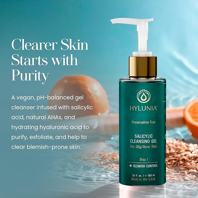 Hylunia Skincare Salicylic Facial Cleansing Gel β Deep Pore Cleanser for Oily & Acne-Prone Skin, Exfoliates, Minimizes Blackheads & Breakouts, Hydrates, Brightens Complexion, 5.1 fl. oz.