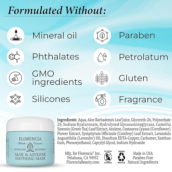 Florencia Aloe & Azulene Hydrating Gel Mask - Oil-Free Hydration for Dry, Dehydrated Skin - Soothing Recovery Mask with Hyaluronic Acid, Green Tea, Aloe & Azulene, 2 oz