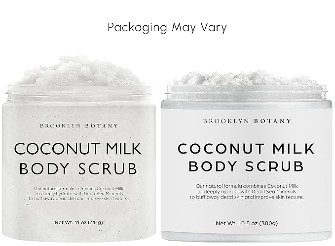 Brooklyn Botany Coconut Milk Body Scrub - Moisturizing and Exfoliating Body, Face, Hand, Foot Scrub - Fights Stretch Marks, Fine Lines, Wrinkles - Great Gifts for Women & Men - 10 oz